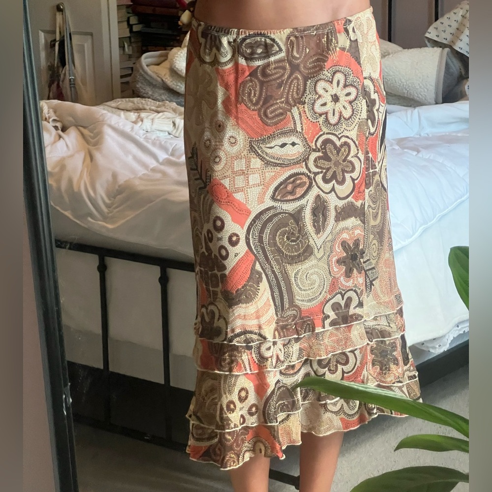 Cato Brown and Orange Paisley Midi Skirt